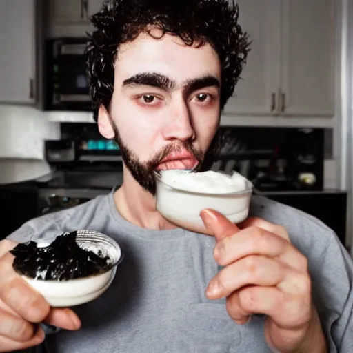 Image similar to top-heavy 20 year old with messy black hair and big beard eats mayonnaise straight out of the jar with his bare hands