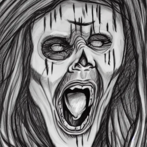 Image similar to a scary horror themed screaming woman, drawn with charcoal and pen and ink, half-tone-line-stacking