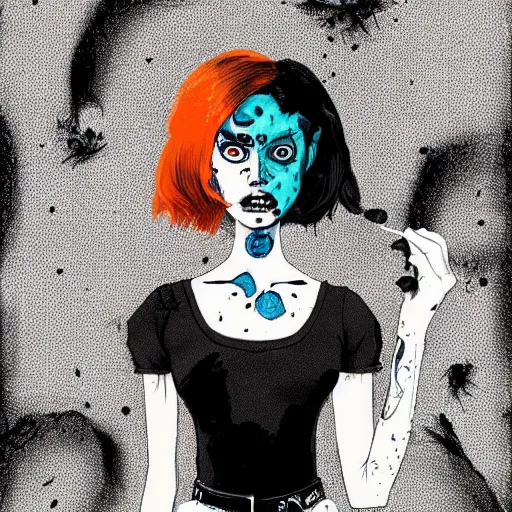 Prompt: Highly detailed portrait of pretty punk zombie young lady with, freckles and beautiful hair by Atey Ghailan, by Loish, by Bryan Lee O'Malley, by Cliff Chiang, inspired by image comics, inspired by graphic novel cover art, inspired by izombie, inspired by scott pilgrim !! Gradient orange, black and white color scheme ((grafitti tag brick wall background)), trending on artstation