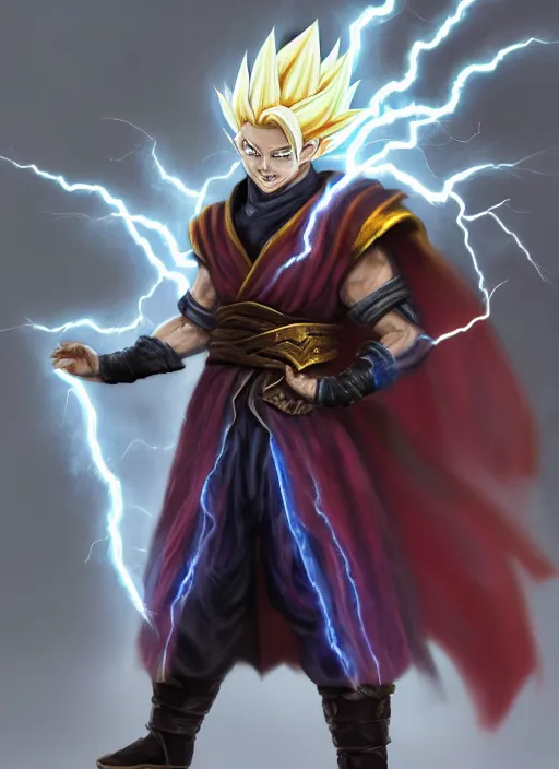 Prompt: portrait of an athletic male sorcerer casting a lightning spell and going super saiyan as a diablo 3 character, looking at camera, his robe is infused with lightning bolts, D&D, lightning master, short hair, intricate, elegant, stylish, cute smile, fantasy, extremely detailed, digital painting, artstation, concept art, smooth, sharp focus, illustration, ambient lighting, art by artgerm and greg rutkowski and alphonse mucha and simon stalenhag