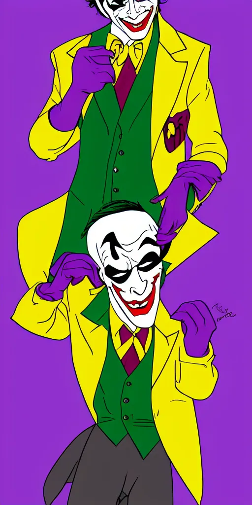 Image similar to joker wearing purple suit, yellow background, disney movie poster style, animation