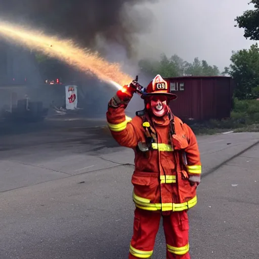 Image similar to a clown wearing firefighter clothes, using a flamethrower on a dumpster fire