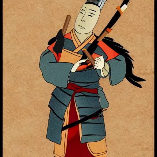 Prompt: a samurai holding a French baguette in his hand instead of a sword, anime style