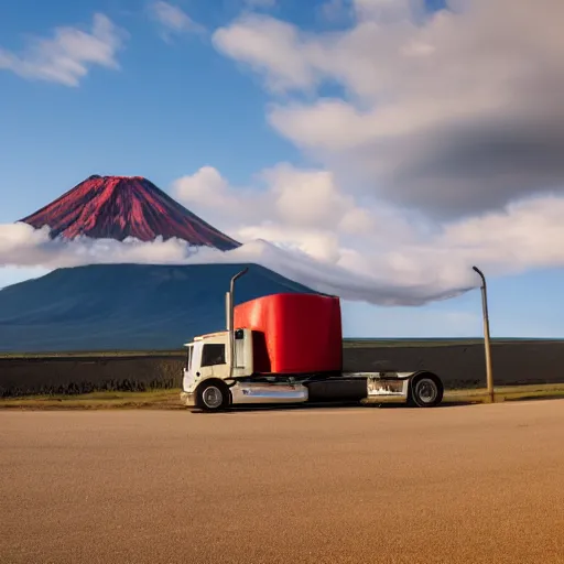 Prompt: heavy cargo transport truck, volcano landscape