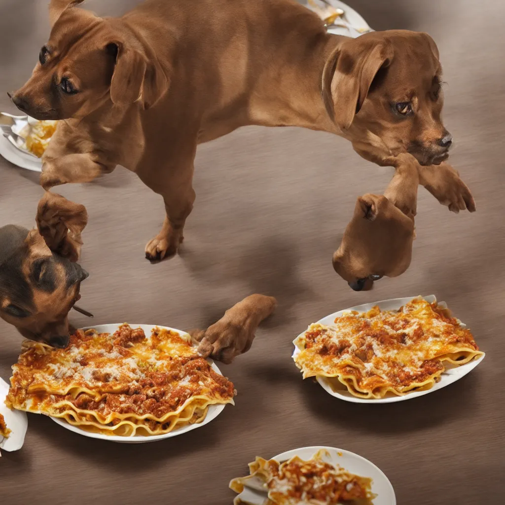 Prompt: one light brown pinscher eating a plate of lasagna on a table, photorealistic, 4k