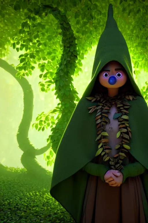 Prompt: A full body portrait of a cute shaman with no face, glowing eyes and a very long hooded dark green cloak of leaves and vines in the style of Pixar's Up 2009, stylized, Octane Render 4k