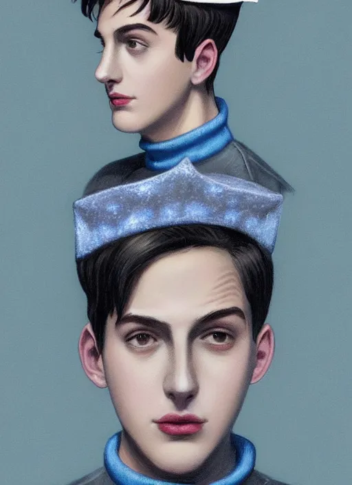 Image similar to portrait of teenage jughead jones wearing a light grey crown, crown, blue turtleneck, 1 9 5 0 s, closed eyes, photorealistic, black hair, glowing lighting, intricate, elegant, glowing lights, highly detailed, digital painting, artstation, concept art, smooth, sharp focus, illustration, art by wlop, mars ravelo and greg rutkowski