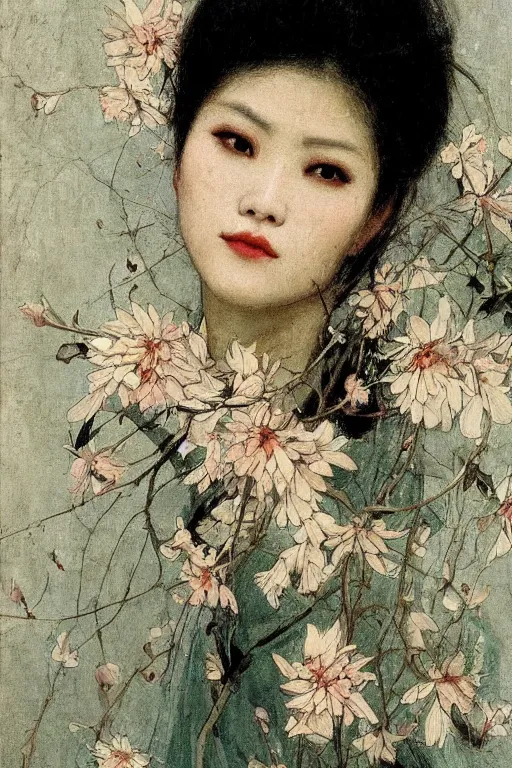 Image similar to close - up fashion asian woman portrait airy flowers sacura cloudy sky art by vasnetsov