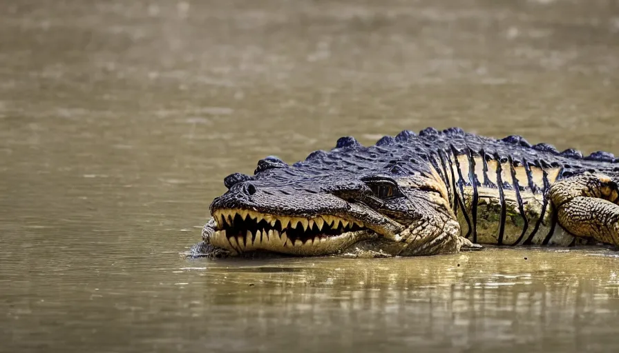 Image similar to an alligator tiger!!! hybrid! hyper realistic!! realistic lighting!! wildlife photographer of the year!!! bold natural colors, national geographic, hd, wide angle, 8 k