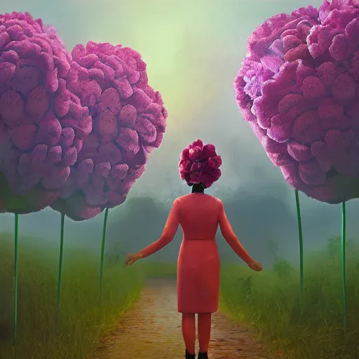 Image similar to giant carnation flower head, girl in a suit, on a path, surreal photography, sunrise, dramatic light, impressionist painting, digital painting, artstation, simon stalenhag