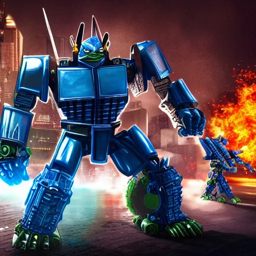 Prompt: optimus prime fights the teenage mutant ninja turtles in NYC, 4K, intricate detail,