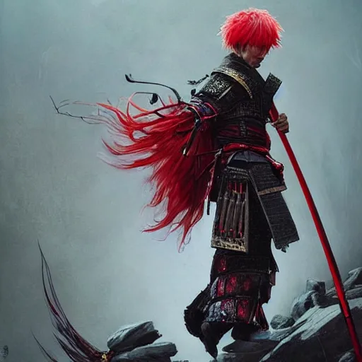 Image similar to an epic portrait of insane samurai wielding a spear, magical aura of insanity, intricate hakama, poofy red wig, eerie, highly detailed, dark fantasy, art by artgerm and greg rutkowski