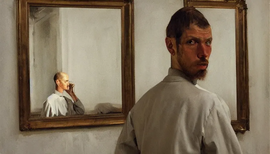 Image similar to painting by borremans, man in front of the mirror, detailed, stunning, hyperrealism, dynamic lighting