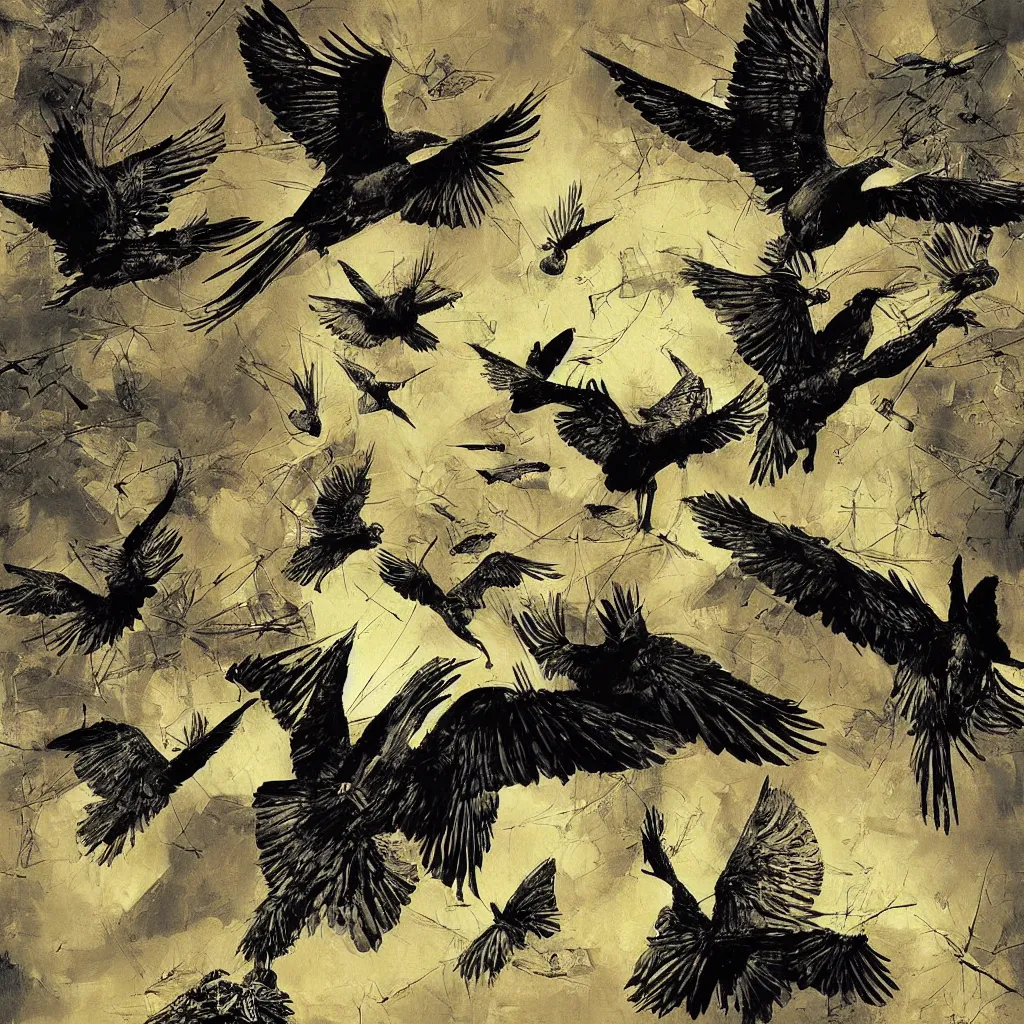 Image similar to digital birds fly over a progressively rasterized, oil on canvas by dave mckean and ivan shishkin
