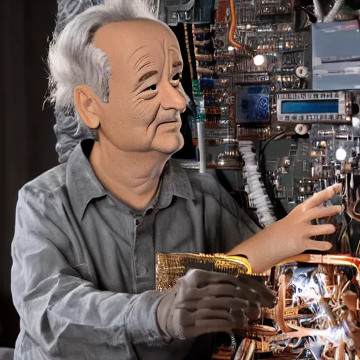 Image similar to animatronic Bill Murray, exposed circuitry, photo, Stan Winston studios, detailed, 4k