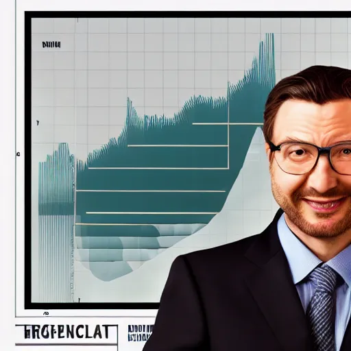 Image similar to hyperrealistic illustration cinematic hyperrealism happy businessman behind him is a statistical graph of high profits