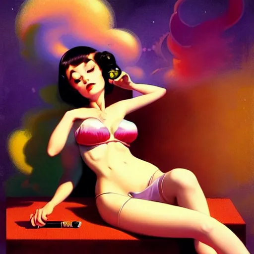 Image similar to a cute female character smoking a joint, psychedelic art,, by greg rutkowski, gil elvgren, earl moran, enoch bolles, glossy skin, pearlescent, anime, maxim magazine, morandi color scheme, art station, by ilya kuvshinov h 6 4 0