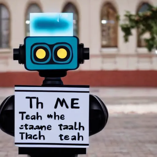 Prompt: a robot holding a sign saying teach me to spell