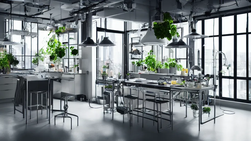 Image similar to Ikea catalogue photo, high end technological cyberpunk house style kitchen, various lush plant life, iridescent flooring, riveted steel furniture, cityscape in the window