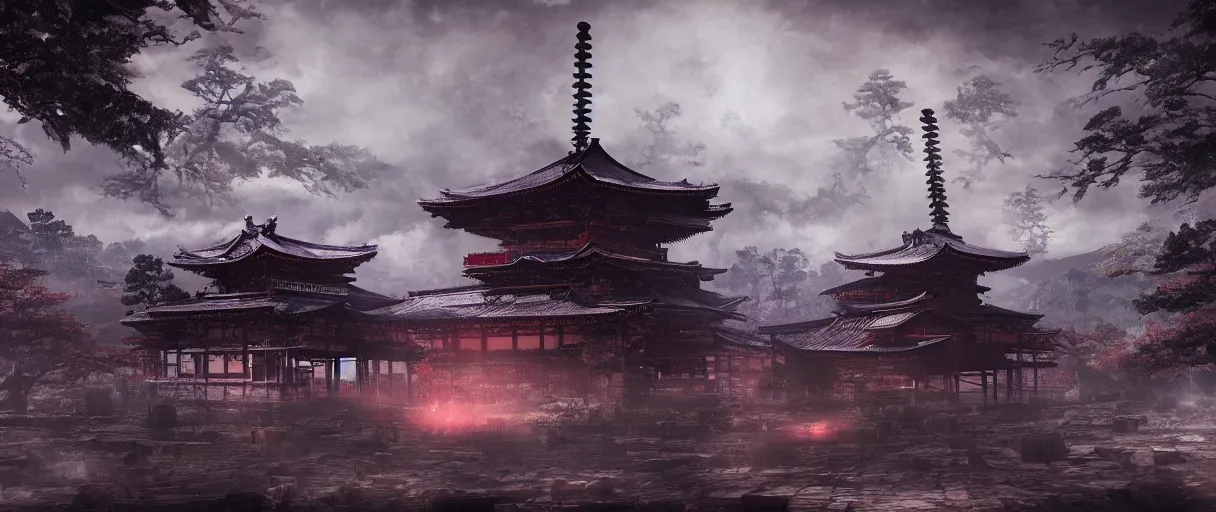 Prompt: gothic Japanese Shinto temple, concept art, digital painting, matte painting, in the style of sekiro, Bloodborne, dark souls, demon souls, dark, night time, volumetric lighting, large scale, high detail, trending on art station, view from afar