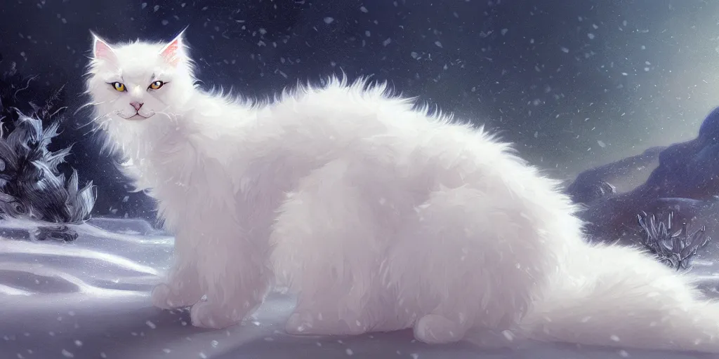 Image similar to panoramic shot of a beautiful ancient white fluffy cat, eye fire, snow glow, snowfall, highly detailed, digital painting, artstation, sharp focus, illustration, art by tan zi and ayanamikodon and alphonse mucha and wlop