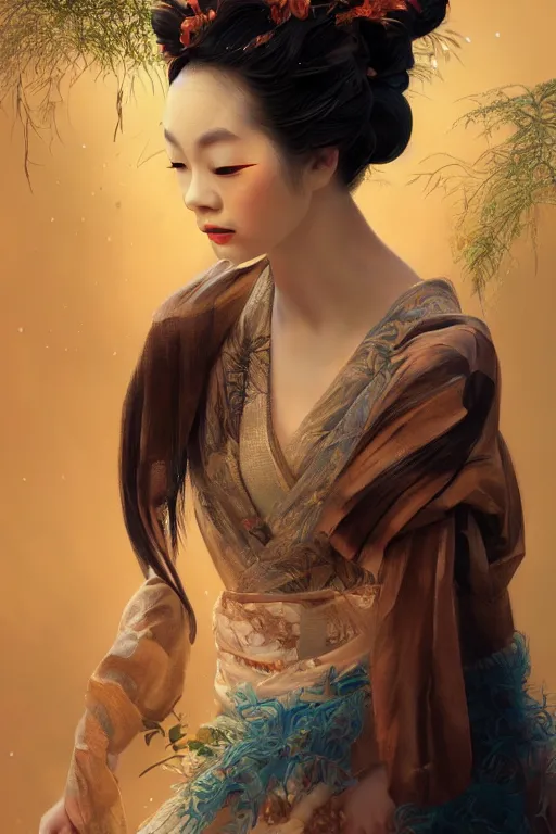 Image similar to stunningly beautiful, drunken geisha prima ballerina in jungle, symmetrical face, golden hour, smooth, focus, highly detailed, hyper realistic, dramatic lighting, elegant, intricate, concept art, art by wlop, mars ravelo, greg rutowski, artstation