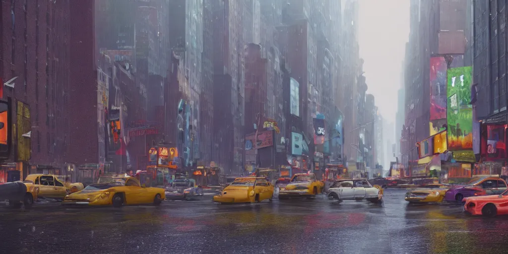 Image similar to a film still of a street scene on a rainy but colourful day in new york. wide shot, wes anderson, studio ghibli, pixar and disney animation, sharp, rendered in unreal engine 5, anime key art by greg rutkowski, bloom, dramatic lighting