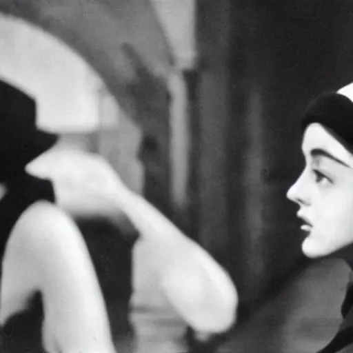 Prompt: still from a masterpiece 1 9 6 0 s french art film, very beautiful and elegant girl in beret with large eyebrows sits in the far background with an angry expression, moody lighting, viewed from afar, cinematic shot, the camera is focused on her conversation with a man, color film