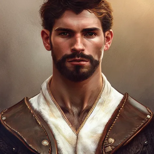 Image similar to portrait of a young, rugged ranger, handsome, muscular, half body, leather, smirk, fantasy, intricate, elegant, highly detailed, digital painting, artstation, concept art, smooth, sharp focus, illustration, art by artgerm and greg rutkowski and alphonse mucha