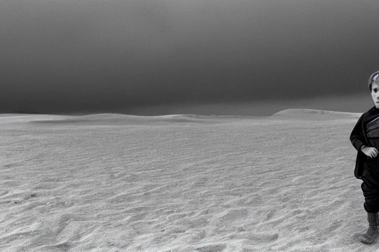 Image similar to a cinematic wide angle shot of a boy in the movie dune, in a serene vast desert, stormy weather, dry, film still, cinematic, movie still, dramatic lighting, 1 6 : 9 ratio