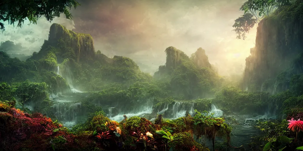 Prompt: a rusty ethereal ghost ship in a prehistoric jungle, lush flora, waterfall, mountains, dark towering clouds, flowers, vines, sunset, hazy, volumetric lighting, rtx on, washed out colors, an award winning digital render, beautiful, stunning, ultradetailed, great composition