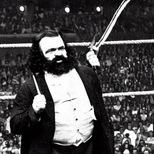 Prompt: karl marx!!!!! bodyslams friedrich nietzsche!!!!! in wwe championship match, 1 9 9 0 vintage photo, portrait, close - up, award - winning