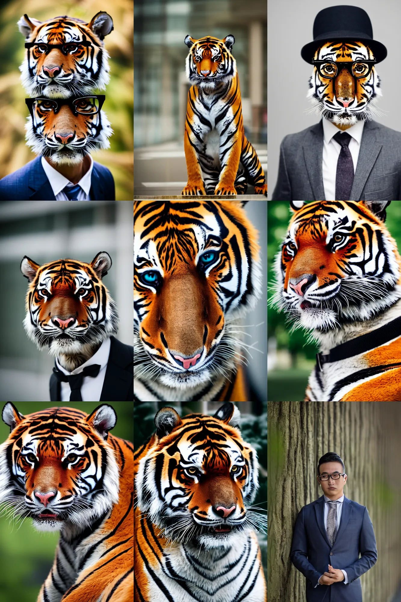 Prompt: high quality portrait photo of a !tiger! dressed in a business suit and tie, !!stylish spectacles!!, !Anthropomorphic!, photography 4k, f1.8 bokeh, 4k, 85mm lens, sharp eyes, looking at camera