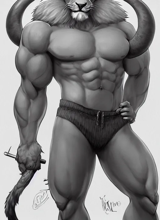 Prompt: award winning beautiful portrait commission art of a buff male furry anthro lion fursona with a cute beautiful attractive detailed furry face wearing gym shorts and a tanktop. Character design by charlie bowater, ross tran, artgerm, and makoto shinkai, detailed, inked, western comic book art