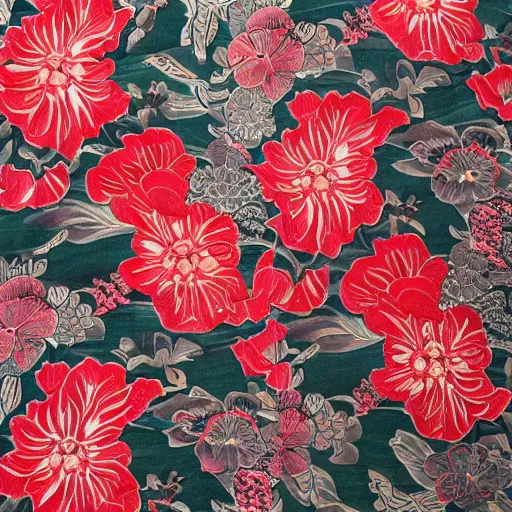 Prompt: floral crimson kimono, highly detailed, hyper intricate