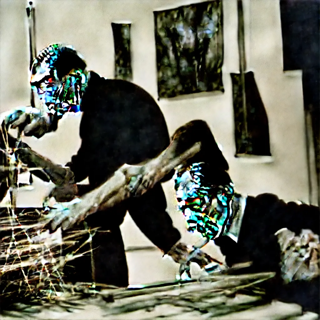 Image similar to a long exposure shot of Marcel Duchamp working on a readymade object, archival pigment print