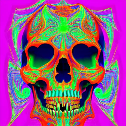 Image similar to skulls made out of fractals, neon colors, digital art