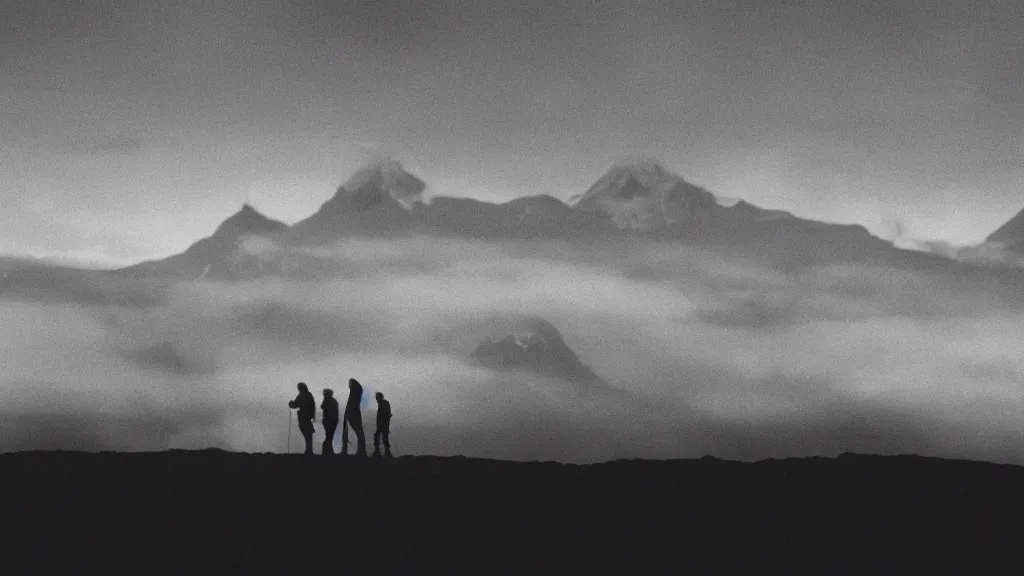 Prompt: film still of the silhouette of a rock band playing in the altiplanic plain with the illimani in the background, film by werner herzog, mysterious foggy atmosphere, orthochromatic look filter, cinematic photography, 3 5 mm, highly detailed, 4 k