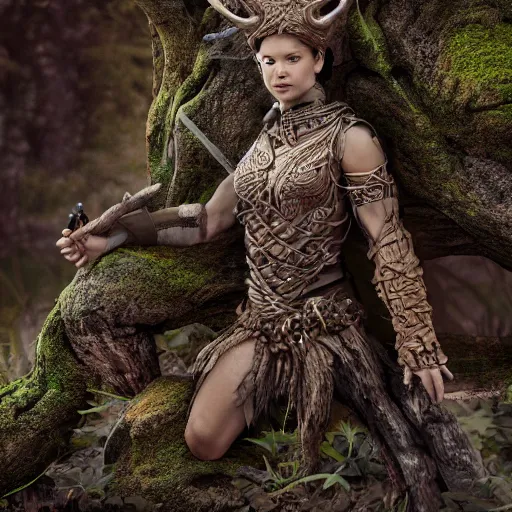 Prompt: warrior with surface of tree - bark, wearing stone wood vines antlers armor, holding laser rifle, lotus position, meditating, highly detailed, dramatic lighting, cinematic, sci - fi, hyperrealistic, detailed