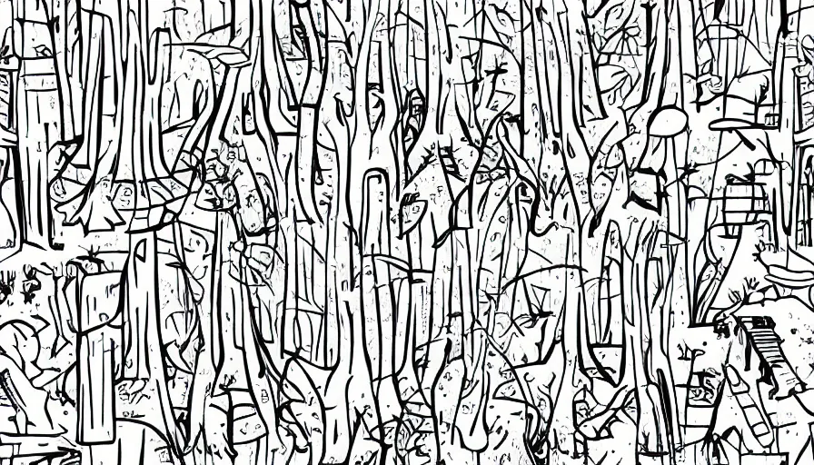 Image similar to forest filled with ruins, giant trees, tiny rocket, colorful, vector style drawing