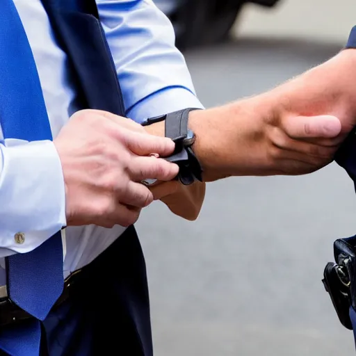 Image similar to candid ap press photo of president trump in handcuffs being arrested by fbi agents, escorting him into a police car, 3 5 mm lens, highly detailed portrait, 4 k uhd, sony camera, f / 2 2