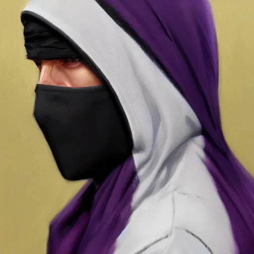 Image similar to ultra realistic illustration, man in a black hood, in a striped purple balaclava, mysterious, highly detailed, digital painting, artstation, concept art, smooth, sharp focus, illustration, art by artgerm and greg rutkowski and alphonse mucha