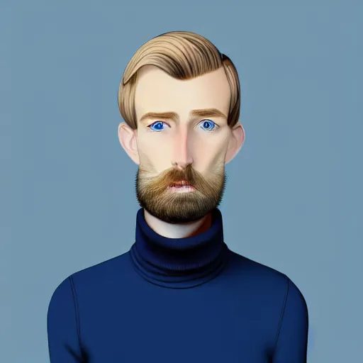 Image similar to A gangly british man, with short blond hair and short beard wearing a corduroy jacket and turtleneck , blue eyes, pale skin, English heritage, digital art, cartoon, mid-shot, 8k