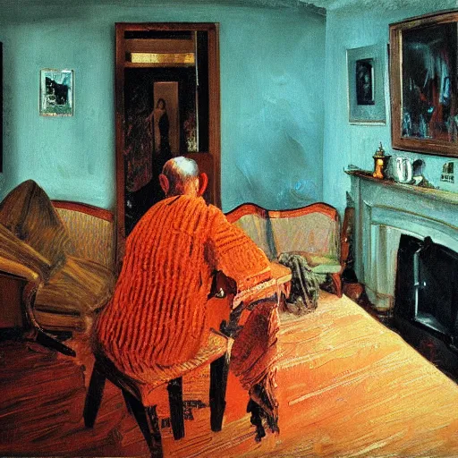 Prompt: high quality high detail painting of a old couple in a soviet living room by lucian freud and zdzislaw beksinski and francis bacon, hd, dark atmosphere, turquoise and orange
