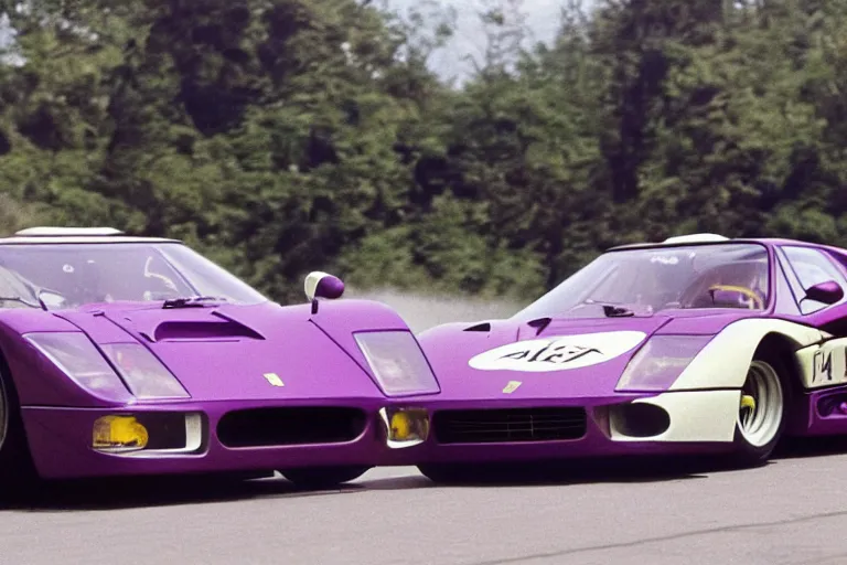 Prompt: vintage archival race footage of a single, purple, 1965 Ferrari F40, with elements of the De Tomaso Pantera, Lotus, GT40, BMW M1, and Countach, movie still, speed, cinematic Panavision 5384 film