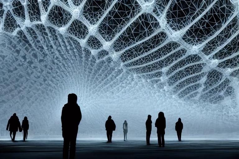 Prompt: tourists taking photos of a complex organic fractal 3 d ceramic megastructure, cinematic shot, foggy, photo still from movie by denis villeneuve