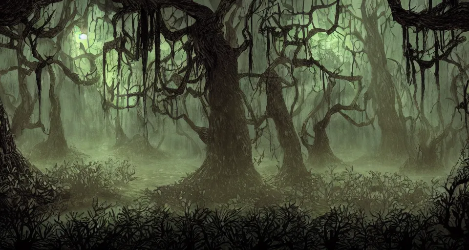 Image similar to A dense and dark enchanted forest with a swamp, from Cryptid Academia