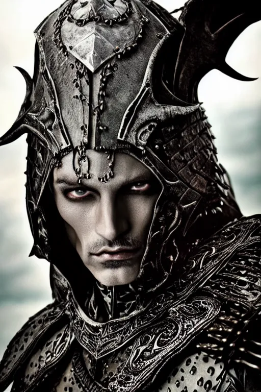 Image similar to head and shoulders portrait of an eldritch knight, drow, dark elf, shadar kai, male, breastplate, magical, high fantasy, d & d, by annie liebovitz, face details, extremely detailed, vogue fashion photo