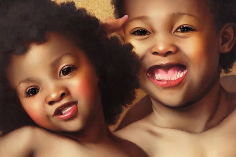 Prompt: carefree black children playing smiling and laughing, digital renaissance painting by artgerm by caravaggio and face by wlop