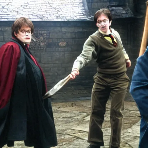 Prompt: harry potter slaping ron wesley with a shovel